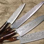 <span class="title">Shigeki Tanaka Beautiful SG2/R2 Black Damascus Knives with Desert Ironwood Handle</span>
