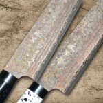 <span class="title">Takeshi Saji VG10W Vivid-Rainbow-Colored Damascus Nashiji Chef Knives with Spotted Corian Handle</span>