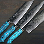 <span class="title">Takeshi Saji R2 Diamond Finished Damascus Chef’s Knives with Turquoise Handle [New Nomura Special]</span>