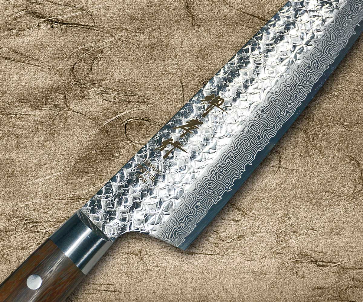 <span class="title">Sakai Takayuki SPG2 Damascus Hammered Chef’s Knives with Desert Ironwood Handle</span>